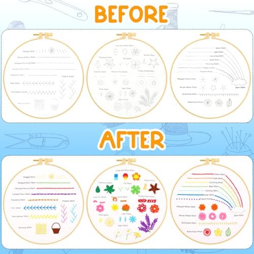 Ponpon 3 Sets Embroidery Kit for Beginners, Embroidery Kit for Adults with Follow Instruction, Cross Stitch Kits with Wooden Embroidery Hoops (Stlye F) - Image 3