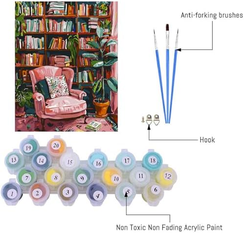 Clendo Pink Room Paint by Number for Adults Beginners, Study Room Adults Paint by Numbers Kits on Canvas, DIY Oil Painting Acrylic Paints for Home Wall Art Decor(16x20inch) - Image 3