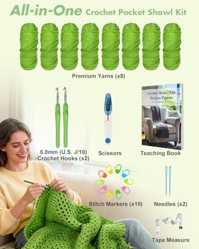 Arborthread Crochet Kit for Beginners, Easy All-Season Pocket Shawl Green - Image 6
