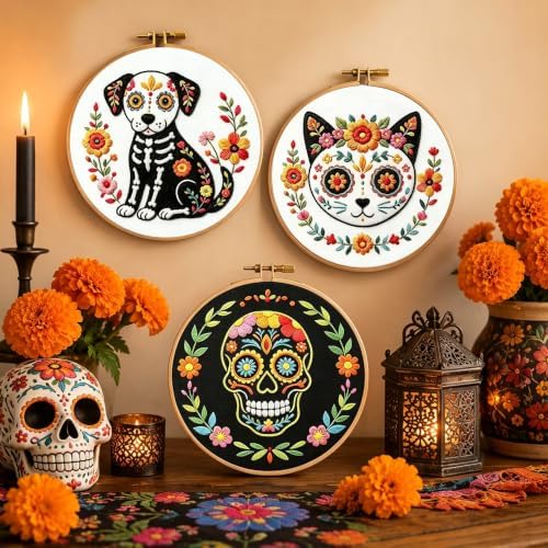 Nuberlic 3 Pack Sugar Skull Embroidery Kit for Beginners, Day of the Dead - Image 4