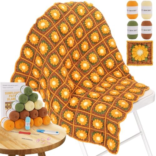 WILSHIN Granny Squares Blanket Crochet Kit for Beginners – Soft Yarns, Detailed Instructions & Step-by-Step Tutorials, Easy Crochet Starter Kit, Craft Gift for Adults (Brown Sunflower) by WILSHIN