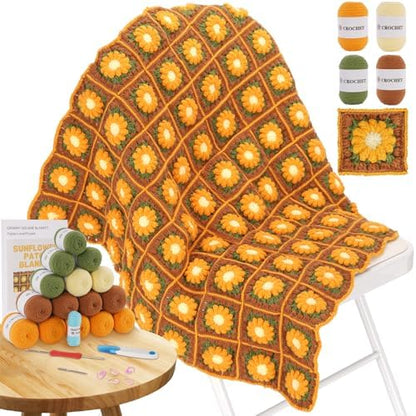 WILSHIN Granny Squares Blanket Crochet Kit for Beginners – Soft Yarns, Detailed Instructions & Step-by-Step Tutorials, Easy Crochet Starter Kit, Craft Gift for Adults (Brown Sunflower) by WILSHIN