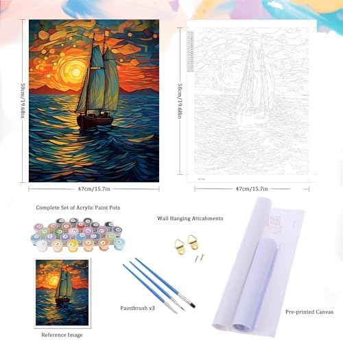 Natuyalo Paint by Numbers for Adults - DIY Adult Paint by Number Kits Painting on Canvas Sailboat Painting by Numbers for Beginners, Sunset Landscape Art Craft Kits for Adults (16x20 Inch) - Image 5