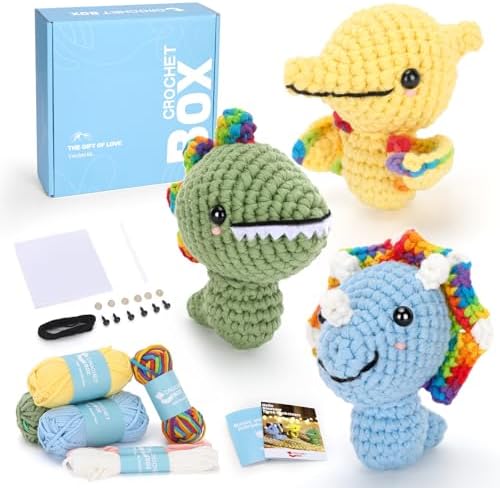 CrochetBox 3 PCS Dinosaur Crochet Kit for Beginners, Adults and Teen by CROCHETBOX