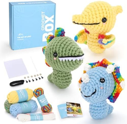CrochetBox 3 PCS Dinosaur Crochet Kit for Beginners, Adults and Teen by CROCHETBOX