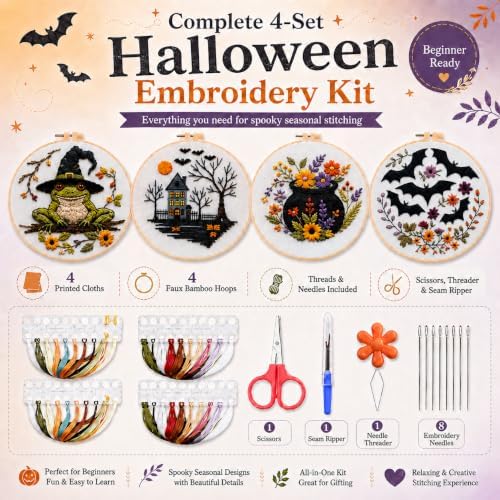 vadeny Halloween Embroidery Cross Stitch Kit for Beginners Adults Gothic Needlepoint DIY Craft Frog Haunted House Cauldron Bat Pattern 4 Set Sewing Hanging Decor with Needles Threads - Image 2