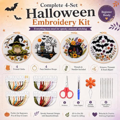 vadeny Halloween Embroidery Cross Stitch Kit for Beginners Adults Gothic Needlepoint DIY Craft Frog Haunted House Cauldron Bat Pattern 4 Set Sewing Hanging Decor with Needles Threads - Image 2