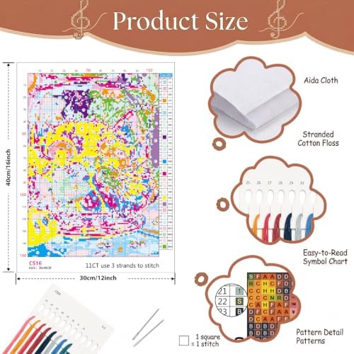 Mosaflare Cat Fish Funny Stamped Cross Stitch Kits for Beginner 12x16 Inch - Image 6