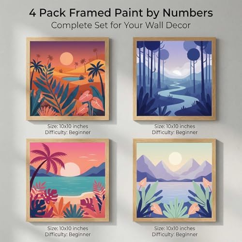 Amphol 4 Pack Framed Paint by Numbers Kit for Adults - Easy Landscape Silhouettes DIY Acrylic Paint by Number on Framed Canvas for Beginners, Relaxing Arts, Great for Home Wall Decor Gift 10"x10" - Image 2