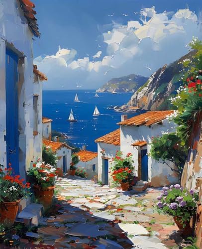Sea Paint by Numbers Kit for Adults Architecture Paint by Numbers on Canvas, DIY Acrylic Oil Painting Kits for Adults Beginners with Brushes, Hobbies for Women for Home Wall Decor Gifts 12x16 in 3-6 by Unknown