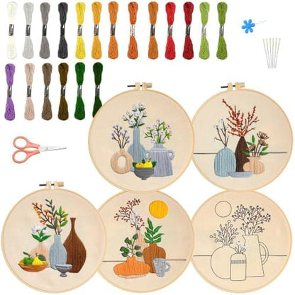 5 Pack Bohemian Beginner Embroidery Set, Floral Vase Design, Complete Threads & Tools with Guide, DIY Home Decoration & Gift by Unknown