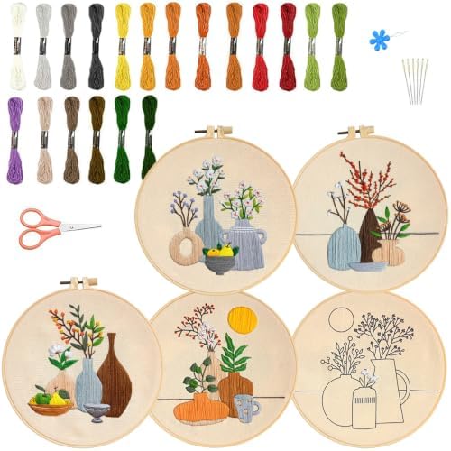 5 Pack Bohemian Beginner Embroidery Set, Floral Vase Design, Complete Threads & Tools with Guide, DIY Home Decoration & Gift by Unknown