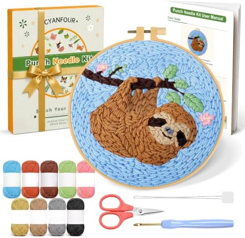 CYANFOUR Punch Needle Kit for Beginners, Sloth Punch Needle Kits Adults, Craft Kits for Adults with 2 Pre-Printed Fabrics, Embroidery Hoop, Threads, DIY Gift and Home Decor 20 * 20cm by Cyanfour
