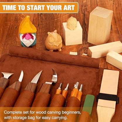 Wood Carving Kit, 24Pcs Wood Carving Tools with Storage Bag, Wood Whittling Knife Kit with 4pcs Templates & 6pcs Basswood Blocks for DIY Beginners - Image 2