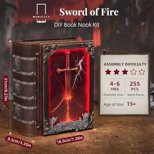 MiniCity Sword of Fire Book Nook Kit, 3D Wooden Bookshelf Puzzle with LED - Image 3