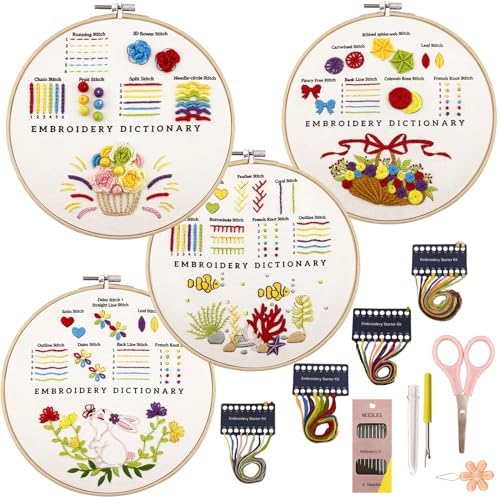 VIVIDOX 4 Sets Embroidery Kit for Beginners with Stitch Video, Cross Stitch Kits for Adults, Hand Craft Lover, Starters Easy Practice with Stamped Pattern, Hoop, Needles, Scissors, Tools & Instruction by VIVIDOX