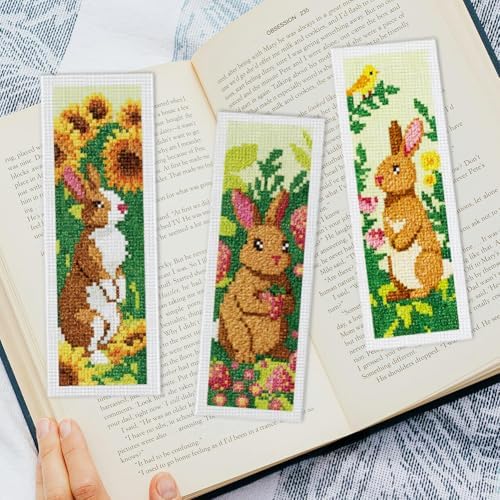 INFUNLY 6 Set Brown Rabbit DIY Cross Stitch Bookmark Kits for Adults Flowers Counted Cross Stitch Kit with Instructions Bunny Stamped Embroidery Bookmark Kit for Book Lovers Readers Gift - Image 5
