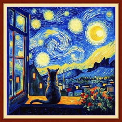 Joyhoor Cross Stitch Kits for Beginners Stamped Cross-Stitch Supplies Needlework preprint Embroidery Kits for Adults DIY Needlepoint Kits Embroidery Patterns 11CT-Cat Watch Van Gogh Stars 18x18 inch by JoyhoorCrossStitchKits