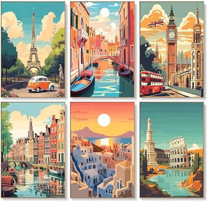 Offito 6 Pack Paint by Numbers Kit for Adults, Travel Cityscape, 8x12 Inch by Offito