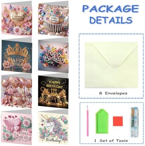 8 Pack 5D DIY Diamond Painting Cards Kit, Diamond Art Birthday Holiday Greeting Card, Art Crafts Kit Creative Gift with Envelope, Card Making Kits for Adults, Birthday - Image 6