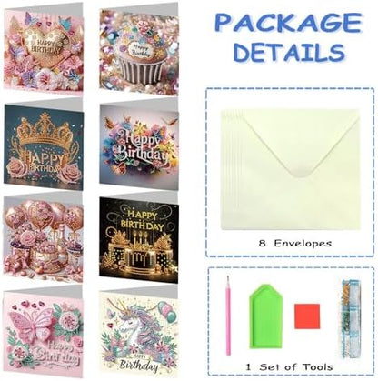 8 Pack 5D DIY Diamond Painting Cards Kit, Diamond Art Birthday Holiday Greeting Card, Art Crafts Kit Creative Gift with Envelope, Card Making Kits for Adults, Birthday - Image 6
