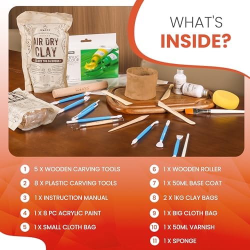 Wonks Air Dry Clay Pottery Kit for Adults & Kids - 30 Piece Kit - Acrylic Paint & Sculpting Tools Included - Carving Tools, Sponge & More - A Complete Beginners Pottery Set - 2KGs of Clay Included - Image 2