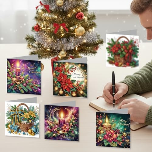 jinglinhh 12pcs Diamond Art Painting Christmas Poinsettia Basket Candle Greeting Cards with Envelopes, DIY Card Making Kits for Adults, Diamond Art Christmas Cards for Holiday Gifts - Image 5