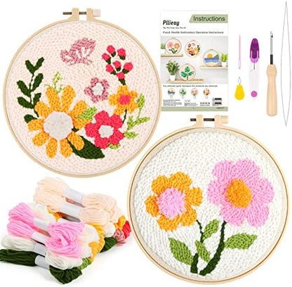 Pllieay 2 Set Punch Needle Embroidery Starter Kits Include Instructions, Punch Needle Fabric with Pattern, Yarns, Embroidery Hoops for Rug-Punch & Pinch Needle by Pllieay