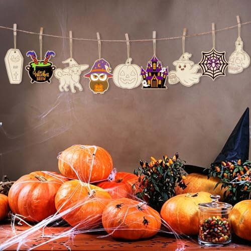 80PCS Wooden Halloween Ornaments to Paint Fall Decorations,10 Styles DIY Blank Autumn Unfinished Wood Skull Pumpkin Ghost Bat Witch Feet Halloween Cutouts Ornament for Crafts Party Hanging - Image 6