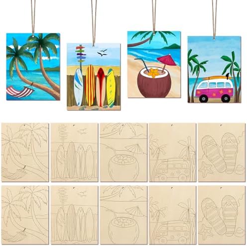 COCHIE 10 Pieces Large Summer Unfinished Wood Crafts to Paint for Adults, Bulk Predrilled Wooden Ornaments for Painting, Beach Paintable Wood Slices Craft Supplies with Ropes by COCHIE