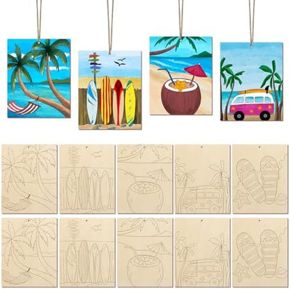 COCHIE 10 Pieces Large Summer Unfinished Wood Crafts to Paint for Adults, Bulk Predrilled Wooden Ornaments for Painting, Beach Paintable Wood Slices Craft Supplies with Ropes by COCHIE