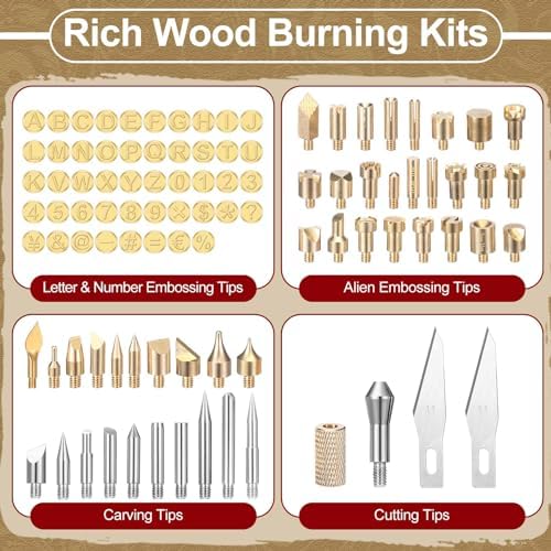 Lothee 136 Pcs Wood Burning Kit for Adults Beginners, Adjustable Temperature Pyrography Pen Set with Alphabet Number Tips, Stencils & Wood Chips, DIY Wooden Burner Tool for Embossing Carving - Image 4