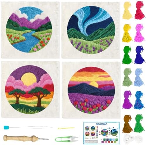 BEUNITONE 4PCS Landscape Punch Needle Kit for Adults Beginners, Complete DIY Craft Needlepoint Kits with Hoop, Punch Needle Starter Craft Embroidery Set for Festival Gift and Home Decor 20x20cm by BEUNITONE
