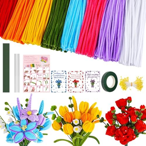 Anyeve 800PCS Pipe Cleaners Flower Kit, Pipe Cleaner Bulk Craft Flower Making Kit with Instruction, 8 Colors Thick Chenille Stems for Arts DIY Craft Supplies with Gardening Tape, Floral Wires, Stamen by Anyeve