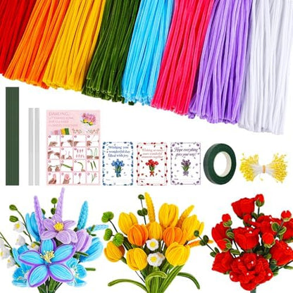Anyeve 800PCS Pipe Cleaners Flower Kit, Pipe Cleaner Bulk Craft Flower Making Kit with Instruction, 8 Colors Thick Chenille Stems for Arts DIY Craft Supplies with Gardening Tape, Floral Wires, Stamen by Anyeve