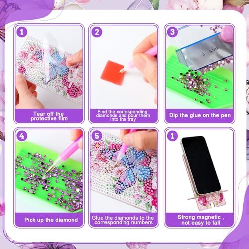 Saillong 6 Pcs Butterfly Flowers Diamond Art Cell Phone Holder Stand - Image 6