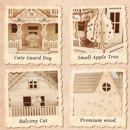 3D Wooden Puzzle for Adult, DIY Countryside Cottage Model Kit w/Spark Light - Image 3