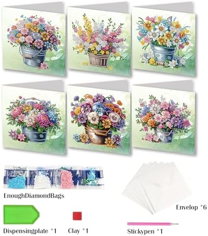 6 Pack DIY Diamond Art Painting Greeting Card Kit Flower Bucket, 5D Diamond Art Christmas Birthday Holiday Foldable Thank You Cards Blessing Greeting Card, Crafts Kit Creative with Envelope - Image 7