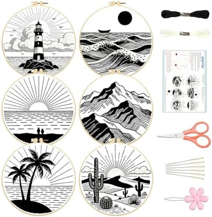 BEUNITONE 6PCS Beginner Embroidery Kit for Adults, Minimalist Black and White Style Pre-Stamped Pattern Needlepoint Kits with Hoops & Instruction, Hand Embroidery Kits for Fabric and Home Decor 7.9" by BEUNITONE