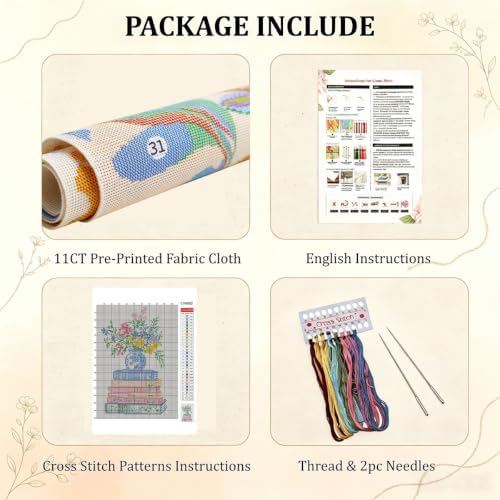 Vintage Floral Book Stack Stamped Cross Stitch Kits for Beginners Adults - Image 5
