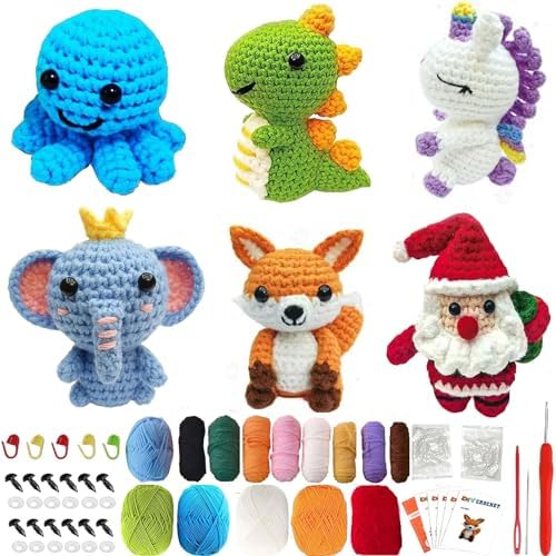 6PCS Crochet Kit for Beginners, Beginners Knitting Kit for Adults, Cute Animals Complete Starter Kit with Step-by-Step Video Tutorials and Instructions, Christmas Gifts for Adults and Friends by PKHOUHYI