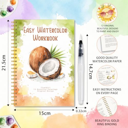 Summer Watercolor Workbook, Water Coloring Book with 12 Different Summer Beach Tropical Plant Coconut Paintings Original Designs, Watercolor Book Set with Water Paintbrush, Relaxing Art for Beginners - Image 2