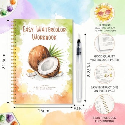 Summer Watercolor Workbook, Water Coloring Book with 12 Different Summer Beach Tropical Plant Coconut Paintings Original Designs, Watercolor Book Set with Water Paintbrush, Relaxing Art for Beginners - Image 2