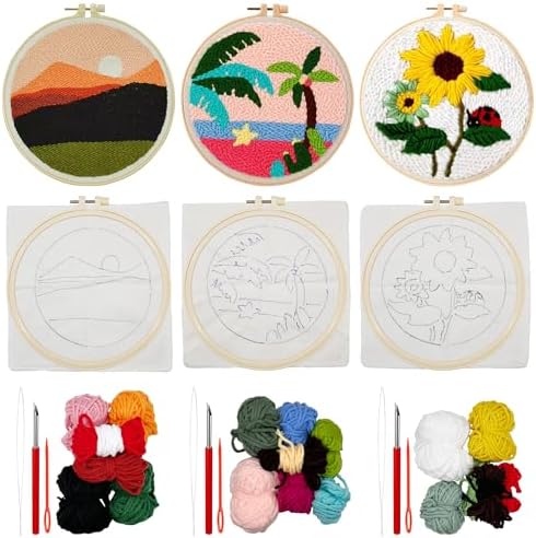 Allazone 3 Set Punch Needle Embroidery Kits With Fabric, Yarns and Sewing Needles for Adults Beginner (Coconut Tree) by Allazone
