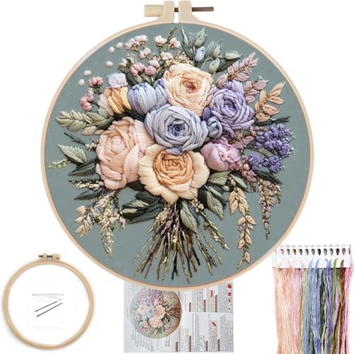 FONNUY Bouquet Flowers Embroidery Kit for Beginners, Pre-Stamped Pattern Kits for Adults with Hoop, Easy to Follow Color Thread Needlework, 8'' Hoop (Joyful Bouquet) by FONNUY