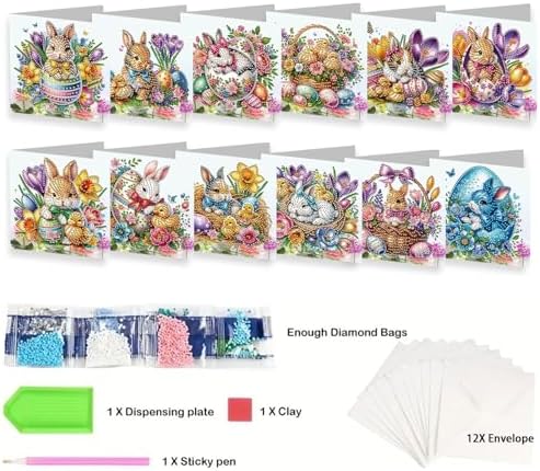 YOKUSHI 12 PCS Easter Diamond Art Painting Greeting Cards, Rabbit Craft DIY Card Making Kits for Adults Gifts (Easter) - Image 3