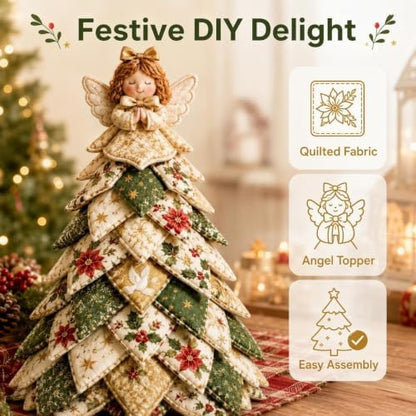 Quilted Christmas Tree Kit – Pre-Cut Fabric & Foam Cone DIY Tabletop Decoration with Tree Topper, No-Sew Holiday Craft Kit for Adults & Kids, Christmas Tree Decorations for Home, Party & Gifts (set9) - Image 2