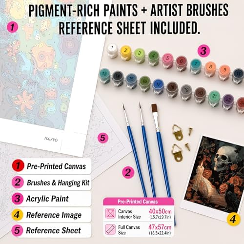 NXIKYO Skull Paint by Numbers Kit for Adults Beginner, Roses Book Adult Paint by Number Kits on Canvas, DIY Acrylic Oil Easy Painting by Numbers for Home Wall Decor 16 X 20 inch (Without Frame) - Image 2