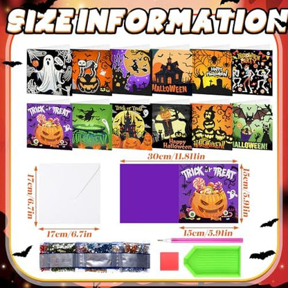 Saillong 12 Pack Halloween Diamond Painting Greeting Card Kits DIY Diamond Art Cards with Envelopes Bat Black Cat Pumpkin 5D Rhinestones Painting for Adults DIY Craft Family Friend Halloween Gifts - Image 4