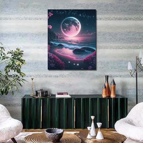 TUMOVO DIY Framed Paint by Numbers for Adults Beginner, Moon Acrylic Paint by Numbers Kit for Adults, Beach Painting by Numbers for Gift Home Decor, Sea Oil Hand Painting Art Crafts 16"x20" - Image 2